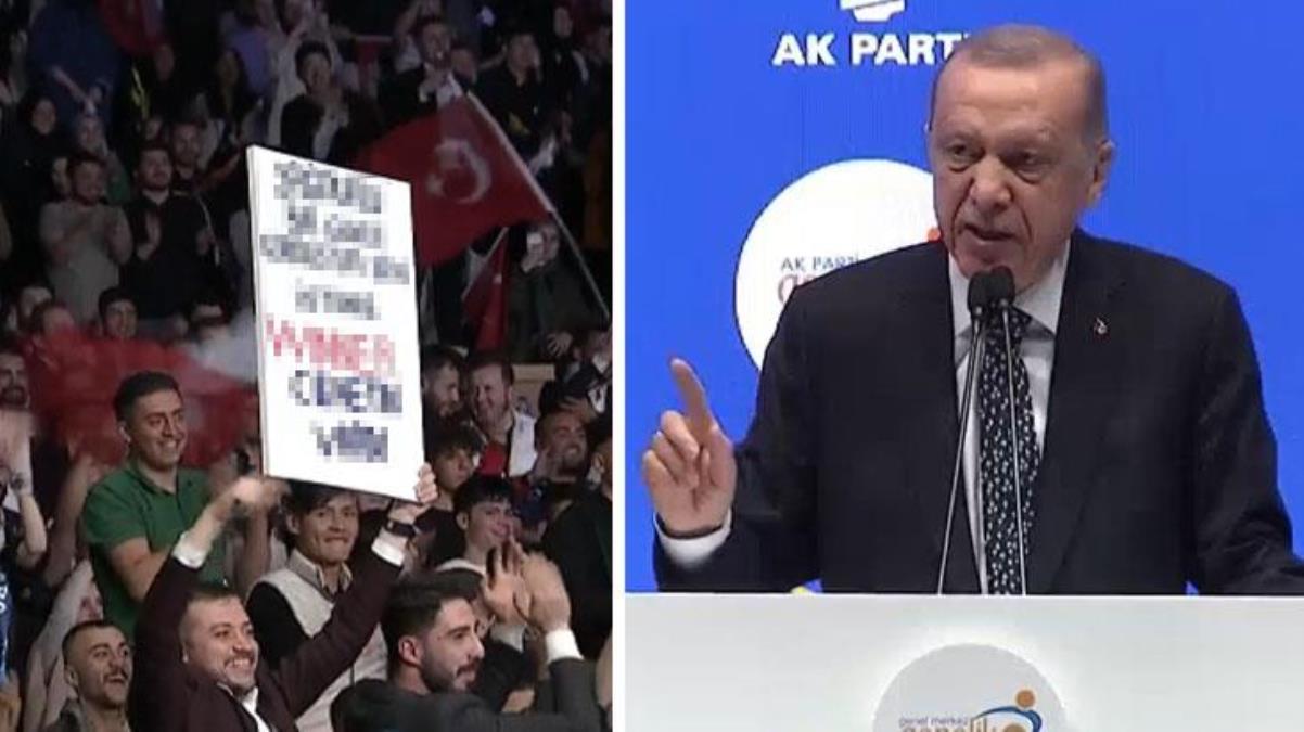 Erdoğan, salonda kendisi için açılan pankarta karşı çıktı: Benim için söylemiyorsun değil mi?