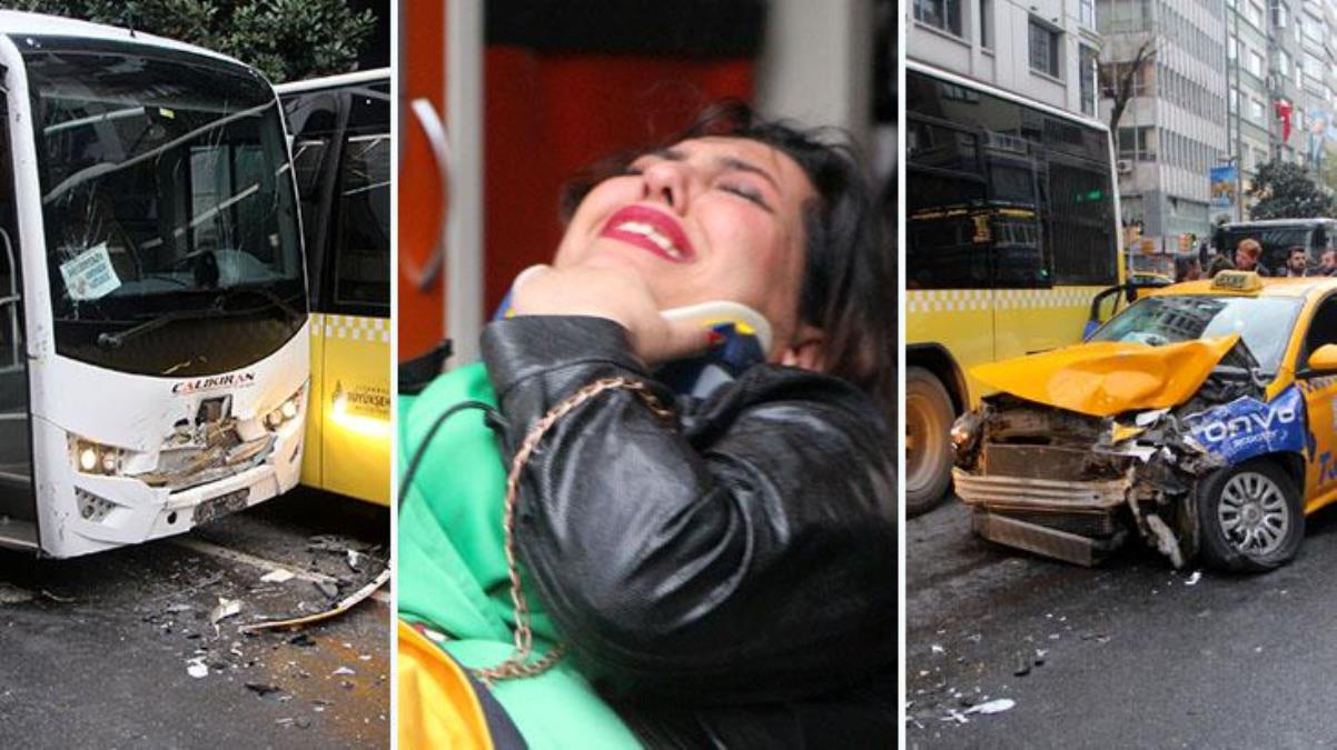 Şişli'yi kilitleyen kaza! Servis aracı evvel 2 otobüse sonra da taksiye çarptı