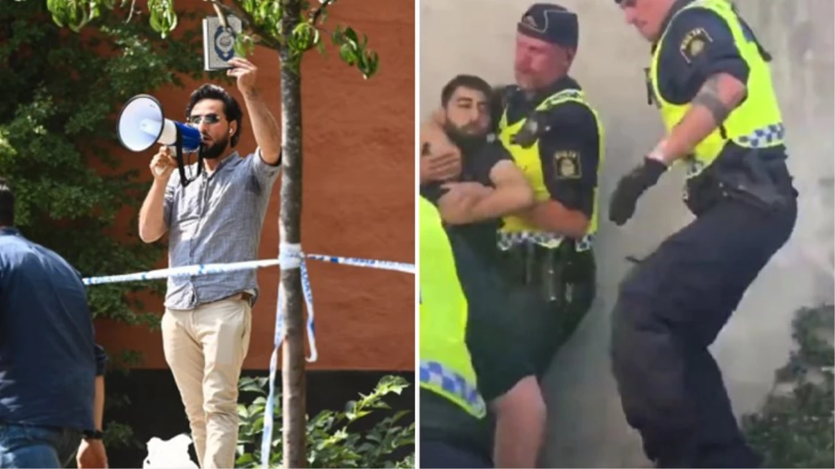 İsveç'te cami önünde Kur'an-ı Kerim yakan provokatöre taş atmak isteyen şahsa polis müdahale etti