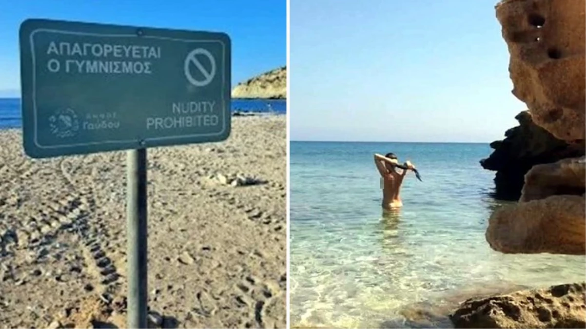 Yunanistan'da ünlü plaja asılan, "Çıplaklık yasaktır" tabelası turistleri çıldırttı! Soyunarak protesto ettiler