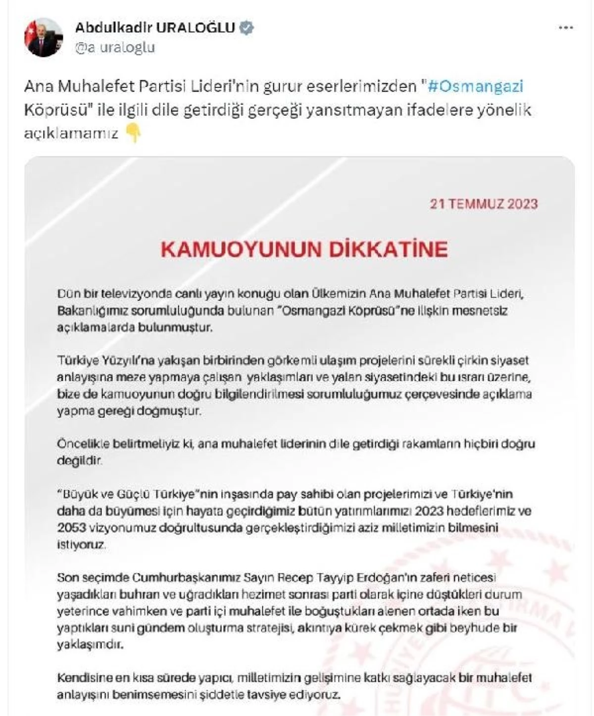 Ulaştırma Bakanı, Kılıçdaroğlu'nun Osmangazi Köprüsü açıklamalarını eleştirdi