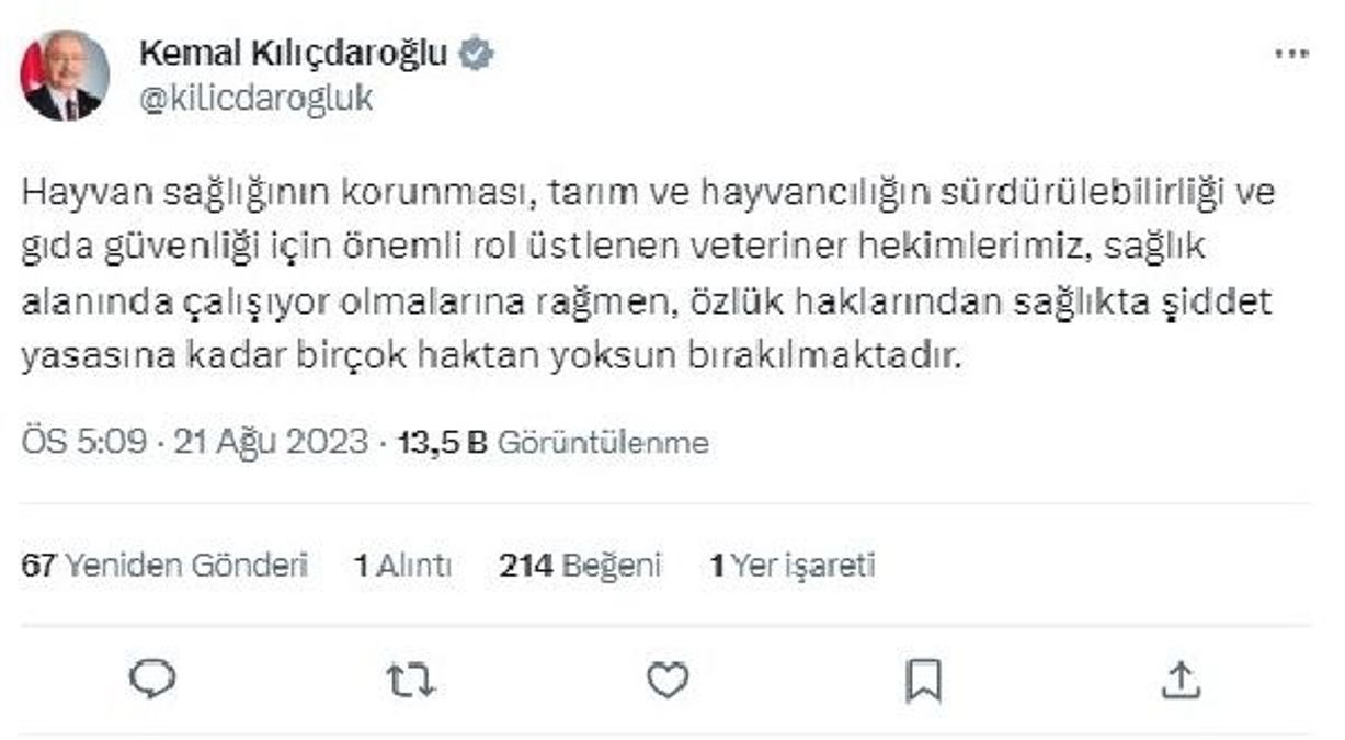 Kılıçdaroğlu: Veteriner tabiplerin problemleri çözülmeli