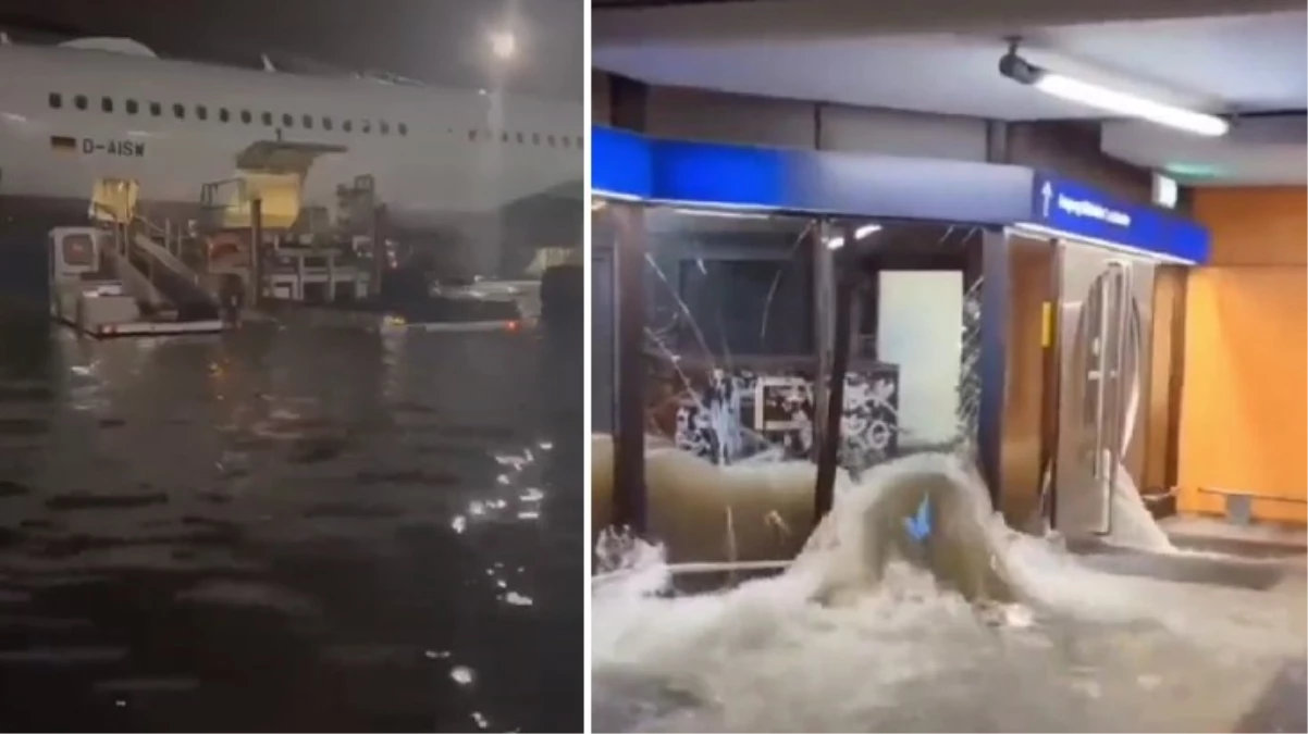 Şiddetli yağışların tesirli olduğu Almanya'da Frankfurt Havalimanı sular altında kaldı
