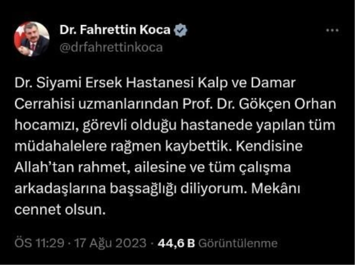 Sıhhat Bakanı Fahrettin Koca, Dr. Siyami Ersek Hastanesi'nden bir tabibin hayatını kaybettiğini duyurdu